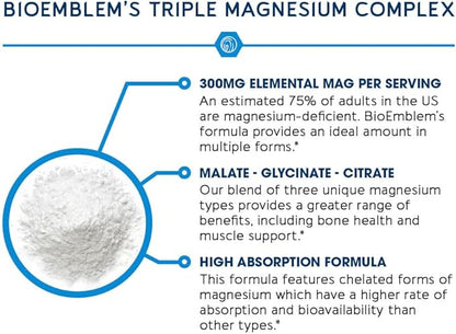BioEmblem Triple Magnesium Complex | 300mg of Magnesium Glycinate, Malate, & Citrate for Muscles, Nerves, & Energy | High Absorption | Vegan, Non-GMO (180 Capsules)