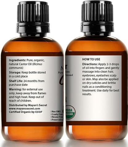 Certified Organic Castor Oil by Mayan's Secret: Nourishing and Strengthening Oil for Hair and Skin