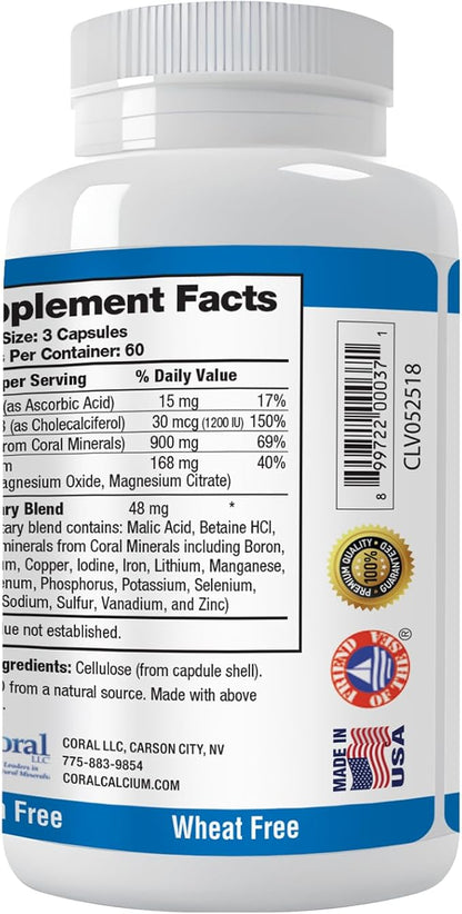 Coral Complex 3 Calcium Supplement Vitamin D3 & Magnesium – 900 mg Bioavailable Coral Calcium for Bone Strength, Joint Support & pH Balance – Trace Minerals, Non-GMO, 300 Veg Capsules