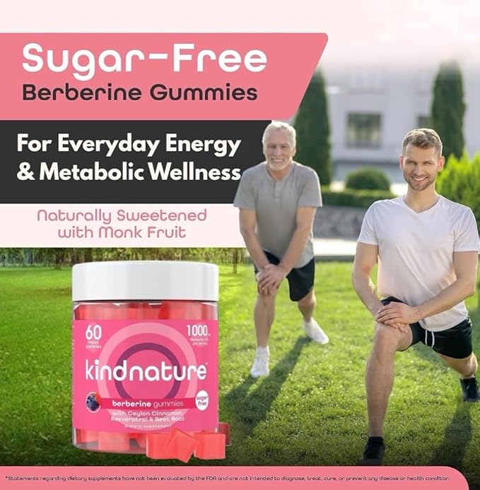 kindnature Berberine Gummies 1000mg with Ceylon Cinnamon & Resveratrol – 6-in-1 Blood Sugar Support Supplement – Metabolism & Weight Wellness – Sugar-Free, Vegan, Non-GMO