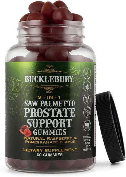 BUCKLEBURY 9-in-1 Natural Saw Palmetto Gummies with Raspberry & Pomegranate Flavor - Plant-Based Prostate Support Supplements for Mens Bladder Health, Hair Growth & Urinary Support - 60 Gummies
