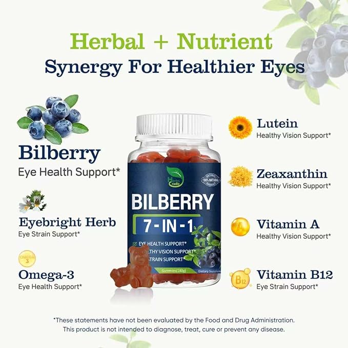 Bilberry Extract Gummies for Eye Health Support, 7-in-1 Herbal Supplement for Vision & Eyes Strain w/Eyebright Herb Lutein & Zeaxanthin, Alternative to Bilberry Powder Capsules. 60Count