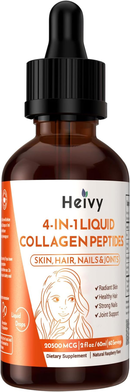 Heivy Liquid Collagen for Women, 60ml Raspberry Flavor, 20500 mcg 4-in-1 Collagen Drops, USA GMP, Sugar-Free, 3rd Party Tested