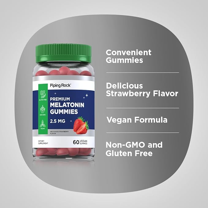 Piping Rock Melatonin Gummies 2.5 mg | 60 Count | Strawberry Flavor Gummy | Vegan, Non-GMO, Gluten Free Supplement