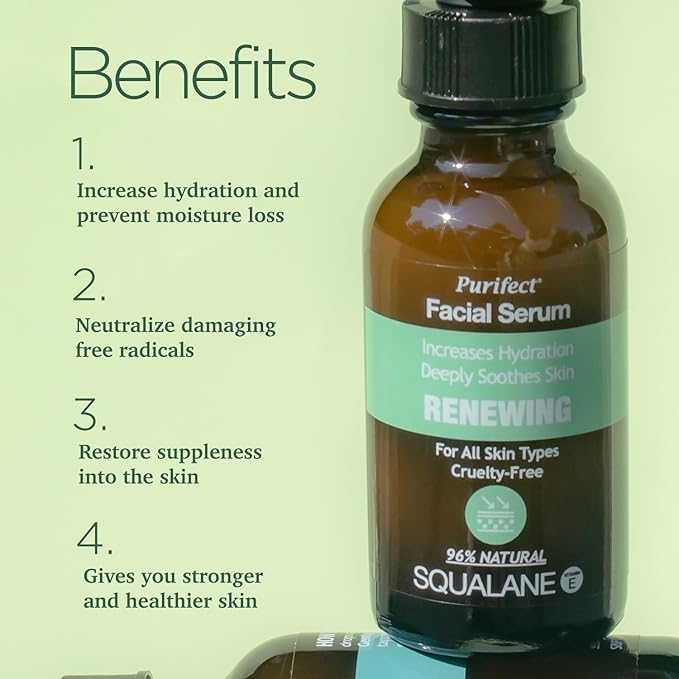 Purifect Renewing Squalane Facial Serum for Skin - Smooths, Softens, and Hydrates with Vitamin E & Arginine, Adds Moisture & Hydration, Cruelty Free Skincare, Made in USA - 1 fl oz