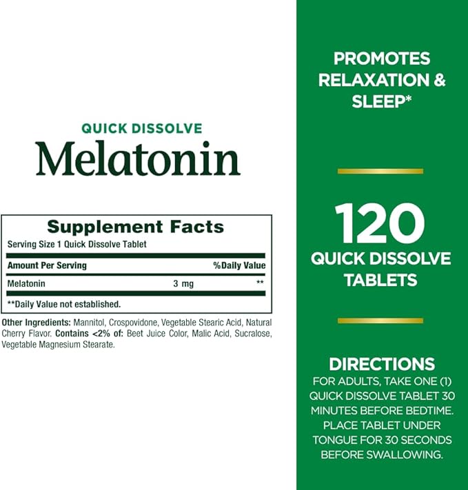 Nature's Bounty Melatonin, Promotes Relaxation & Sleep, 100% Drug Free Sleep Aid, 3 mg, 120 Quick Dissolve Tablets (Pack of 2)