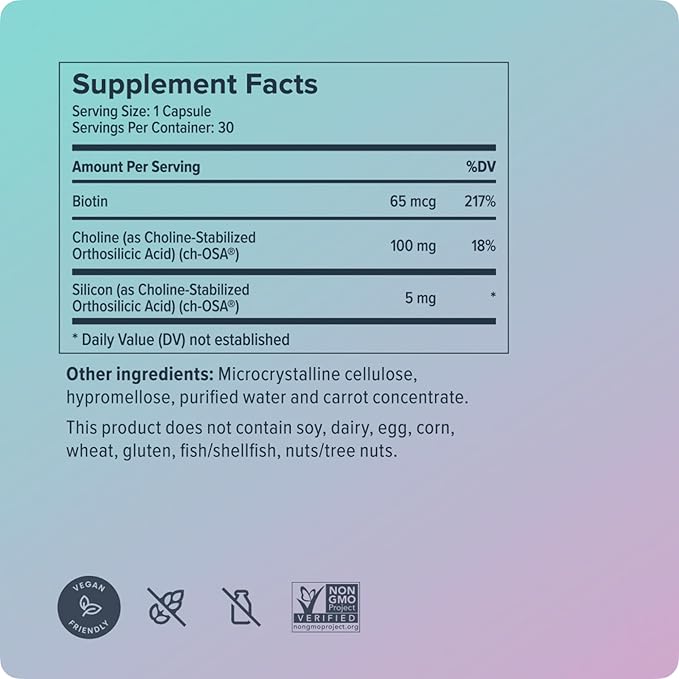 Biosil Advanced Hair + Nail Care - 30 Capsules - Grow, Strengthen & Thicken Hair and Nails - with Patented ch-OSA & Biotin - 15-Day Supply