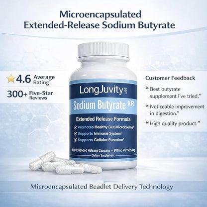 LongJuvity Sodium Butyrate Supplement (300mg) - Optimal Gut Health for Men & Women - Digestion Support & Leaky Gut Repair - Postbiotic Short Chain Fatty Acid, Lab Tested (120 Extended Release Caps)