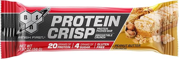 BSN Protein Crisp Bar, Peanut Butter Crunch, 20 Gram Protein Snack Bars with Whey and Fiber, Gluten-Free Crunchy Energy Bars for Workout, Fitness, On-the-Go, 12 Count