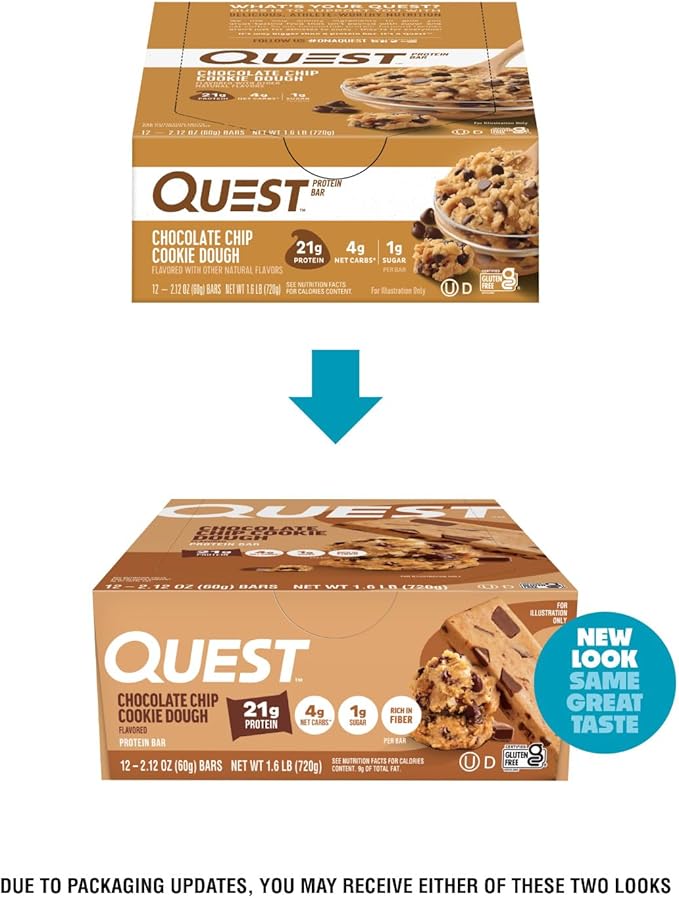 Quest Nutrition Chocolate Chip Cookie Dough Protein Bars, High Protein, Low Carb, Gluten Free, Keto Friendly, 12 Count