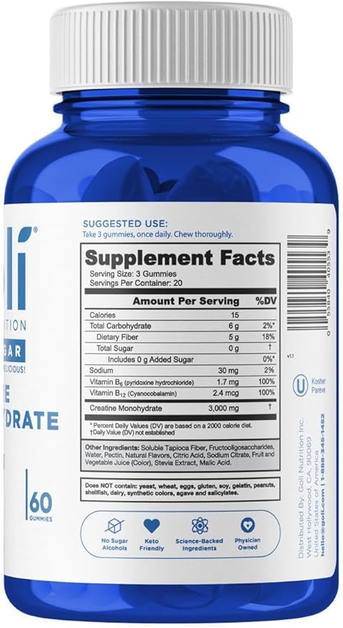 Goli Zero Sugar Creatine Gummies - Keto-Friendly, Rich in Fiber, No Sugar Alcohols, No Artificial Sweeteners, Gluten-Free, Vegan, Non-GMO, and Gelatin-Free