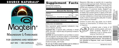 Source Naturals Magtein Magnesium L-Threonate, 667mg, Supports Focus, Mood, Healthy Memory, Cognitive Function - 180 Capsules