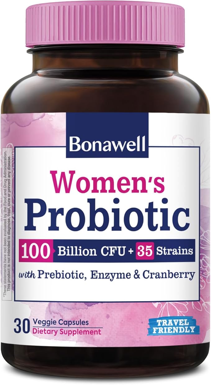 Bonawell Probiotics for Women 100B, with Prebiotics, Digestive Enzymes, Organic Cranberry, Shelf-Stable, 30 Veggie Caps