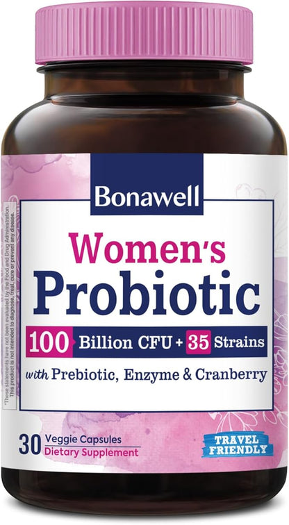Bonawell Probiotics for Women 100B, with Prebiotics, Digestive Enzymes, Organic Cranberry, Shelf-Stable, 30 Veggie Caps