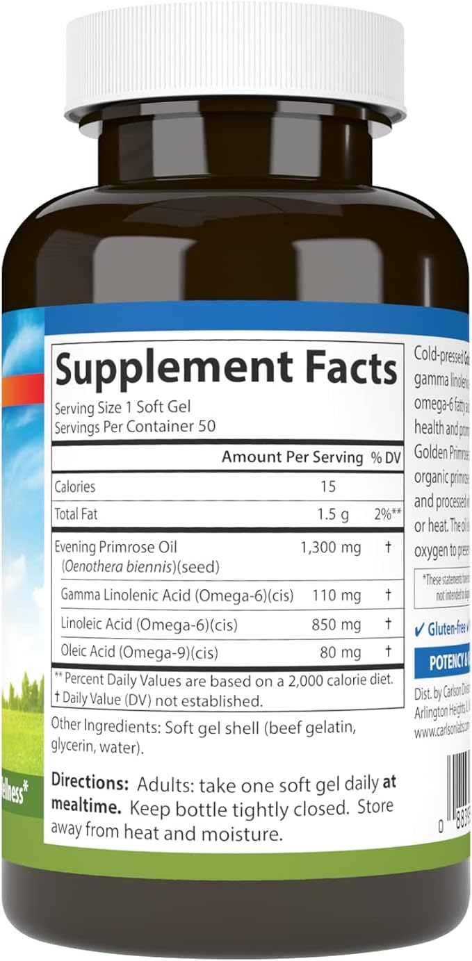 Carlson - Golden Primrose, 1300 mg Evening Primrose Oil, Cold-Pressed, Healthy Skin, Women's Health & Optimal Wellness, 50 Softgels