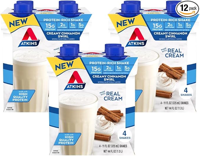 Atkins Creamy Cinnamon Swirl High Protein Shake, 15g Protein, Keto Protein Shake, 2g Net Carb, 1g Sugar, Low Sugar and Low Carb, Breakfast Protein Shakes, 12 Count