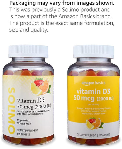 Amazon Basics Vitamin D3 2000 IU Gummies, Orange, Lemon & Strawberry, 160 Count (2 per Serving) (Previously Solimo) (Pack of 2)