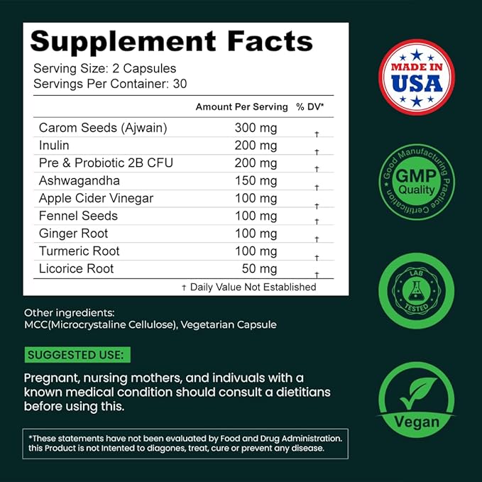 Bloating & Gas Relief Probiotic for Women & Men | 9-in-1 Gut & Digestive Support with Probiotics, Prebiotic Inulin, Turmeric, Ginger & Fennel | Daily Plant-Based Capsules, 60 Count
