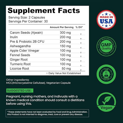 Bloating & Gas Relief Probiotic for Women & Men | 9-in-1 Gut & Digestive Support with Probiotics, Prebiotic Inulin, Turmeric, Ginger & Fennel | Daily Plant-Based Capsules, 60 Count