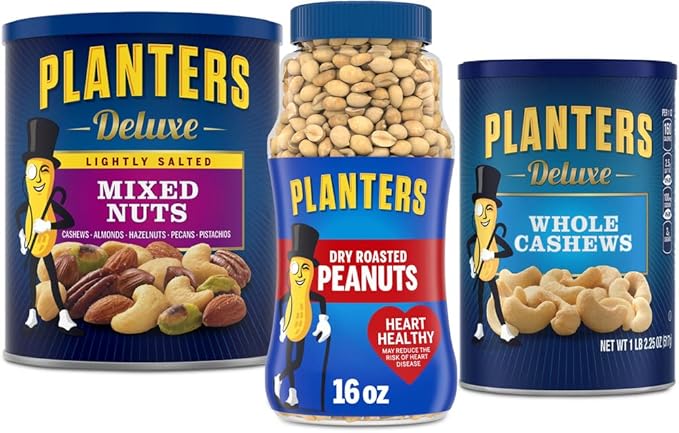 PLANTERS Deluxe Salted Whole Cashews,Party Snacks,Plant-Based Protein,Quick Snack for Adults,After School Snack,Roasted Cashew Flavored with Sea Salt,Bulk Nuts,Kosher,1 lb 2.25oz Canister,(Pack of 4)
