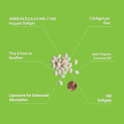 UpNourish Liposomal D3 K2 Vitamin 10000 IU D3 and K2 MK-7 200 mcg - 180 Vitamin D3 k2 (Vitamina D3 con K2) Mini Softgels - Easy to Swallow K2 D3 Vitamin