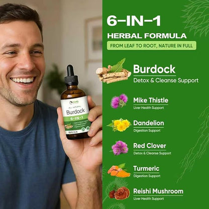 Burdock Root Extract Drops for Liver Health, 6-in-1 Herbal Supplement for Detox & Cleanse & Digestion Support Blend w/Milk Thistle Turmeric Red Clover. 2oz