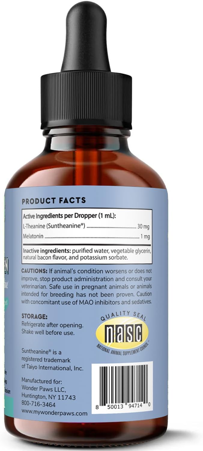 Wonder Paws Melatonin for Dogs – Pet Melatonin with L-Theanine (Suntheanine®) –Occasional Anxiety Relief for Dogs, Stress, Calming, Relaxation & Sleep Support – Liquid Dog Melatonin 2oz (60ml)