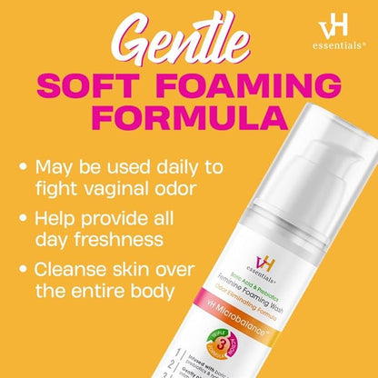 vH essentials Feminine Foaming Wash with Boric Acid and Prebiotics, Odor Eliminating pH-Balanced Daily Cleanser with Lavender and Chamomile, 5 fl oz (Pack of 2)
