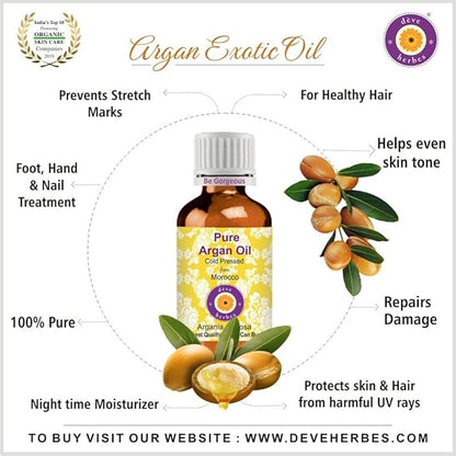 Deve Herbes Pure Argan (Moroccan) Oil (Argania spinosa) with Glass Dropper Cold Pressed (Pack of Three)100ml X 3 (10 oz)