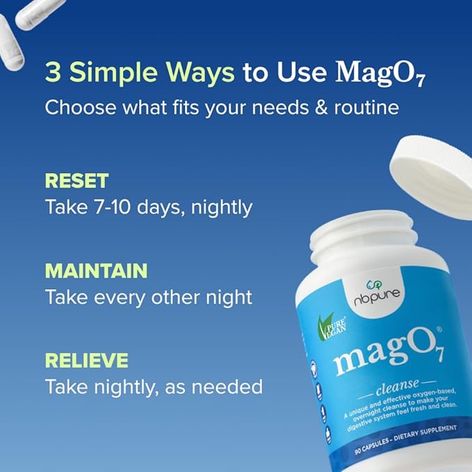 nbpure MagO7 - Natural Colon Cleanse & Detox - Occasional Constipation Relief, Stool Softener, & Bloating Support for Men & Women - Ozonated Magnesium Oxide, 180 Capsules