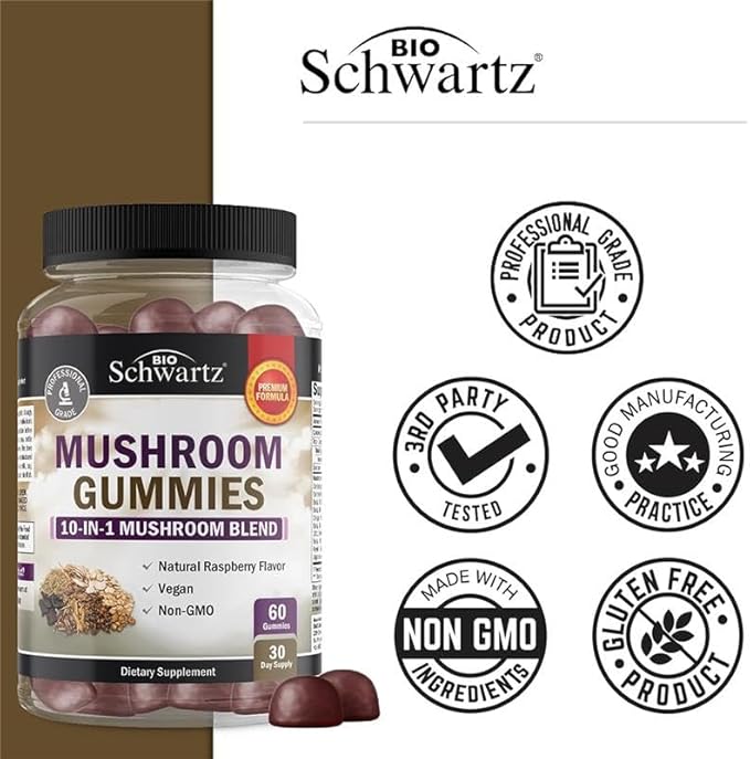 Mushroom Gummies for Adults - 10-in-1 Functional Mushroom Supplement for Mood and Focus with Lions Mane Turkey Tail Cordyceps Shiitake Reishi - Vegan, Non-GMO, Fresh Raspberry Flavor, 60 Count