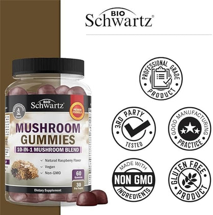 Mushroom Gummies for Adults - 10-in-1 Functional Mushroom Supplement for Mood and Focus with Lions Mane Turkey Tail Cordyceps Shiitake Reishi - Vegan, Non-GMO, Fresh Raspberry Flavor, 60 Count