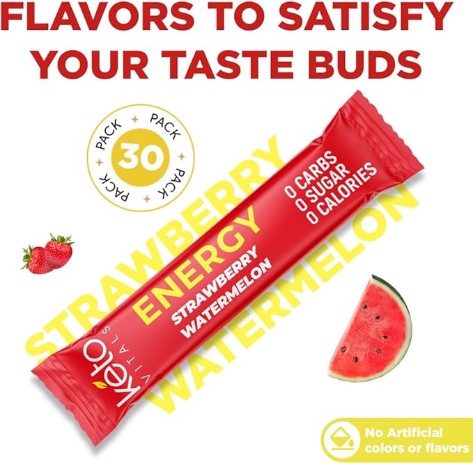 Keto Vitals Electrolyte Energy Drink Powder Packets - Electrolyte Supplement with 100mg Natural Caffeine, L Theanine & Organic Lion's Mane Extract - Strawberry Watermelon Keto Powder Packets, 30 Count