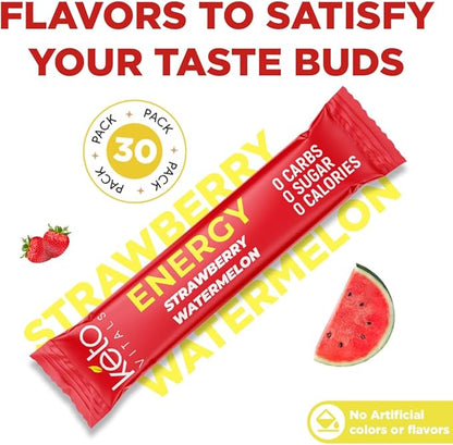Keto Vitals Electrolyte Energy Drink Powder Packets - Electrolyte Supplement with 100mg Natural Caffeine, L Theanine & Organic Lion's Mane Extract - Strawberry Watermelon Keto Powder Packets, 30 Count