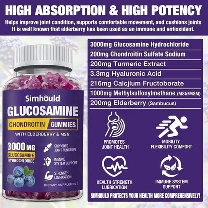 Simhould 2 Packs Glucosamine Chondroitin Gummies - 3000MG Extra Strength Joint Support Supplement with MSM & Elderberry, Flexibility, Antioxidant Immune Support Gummy for Adults, Men & Women