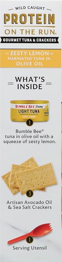 Bumble Bee Prime Protein on the Run Tuna Snack Kit, Pack of 12 - Gourmet Tuna Marinated in Olive Oil & Zesty Lemon with Crackers and Serving Utensil - 19g of Protein Per Serving, Easy Open Can