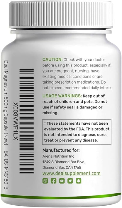 Deal Supplement Magnesium Glycinate 500mg, 480 Veggie Capsules | 100% Chelated for Easy Absorption | Essential Mineral Supplement | Non-GMO, Gluten-Free