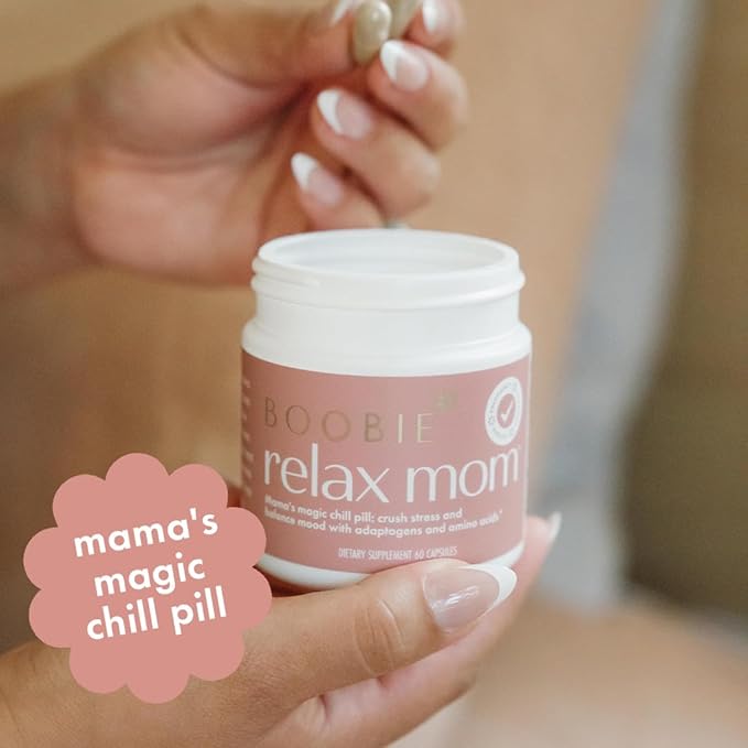 Boobie Relax Mom, Postpartum Stress Support Supplement | Breastfeeding Friendly Approved | Postnatal Mood and Energy Support for Women with Ashwagandha & L-Theanine, 60 Capsules