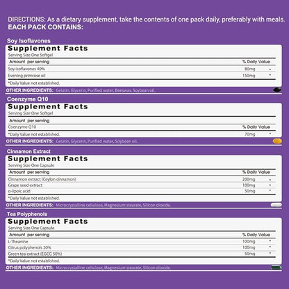 Natural Hormone Balance for Women, Menopause Supplements for Women with Evening Primrose Oil,CoQ10,Soy Isoflavones, Daily Pack Supports Peri+Menopause+Post, PMS,Metabolism,Mood,Energy 30Packs