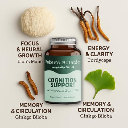 Baker's Botanics Adaptogenic Mushroom Gummies – Antioxidant Botanical Blend | Coconut Flavor | Vegan, Gluten-Free, Non-GMO Supplement