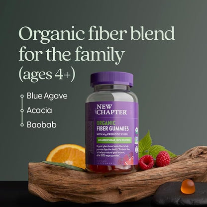 New Chapter Organic Fiber Gummies for Adults & Kids (Age 4+), Plant-Based Prebiotic Fiber for Digestive Health, Vegan, Non-GMO, USDA Organic, Gluten Free, Citrus-Berry Flavored, 60 ct