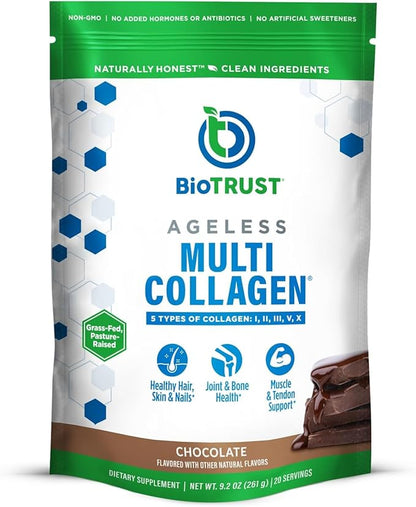 BioTrust Ageless Multi Collagen Peptides Powder – 5 Types (I, II, III, V, X) – Chocolate Collagen Powder for Women & Men – Hydrolyzed Protein – Grass Fed Beef, Fish, Chicken, Eggshell Membrane