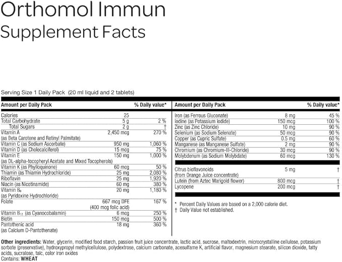 Orthomol Immun, Immune Support Vials for Adults with Vitamin C, Zinc, Selenium, Iodine, Vitamin D, E, A,B, Calcium, 25+ Immune Boost Nutrients, 1 Serving Per Day for Daily Health (7 Day Supply)
