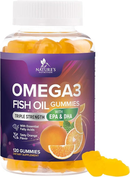 Omega 3 Fish Oil Gummies - 3X Strength Heart Health Support - High Absorption Omega 3 Fish Oil Gummy Supplement with DHA & EPA - Joint & Brain Support for Adults - Tasty Orange Flavor - 120 Gummies