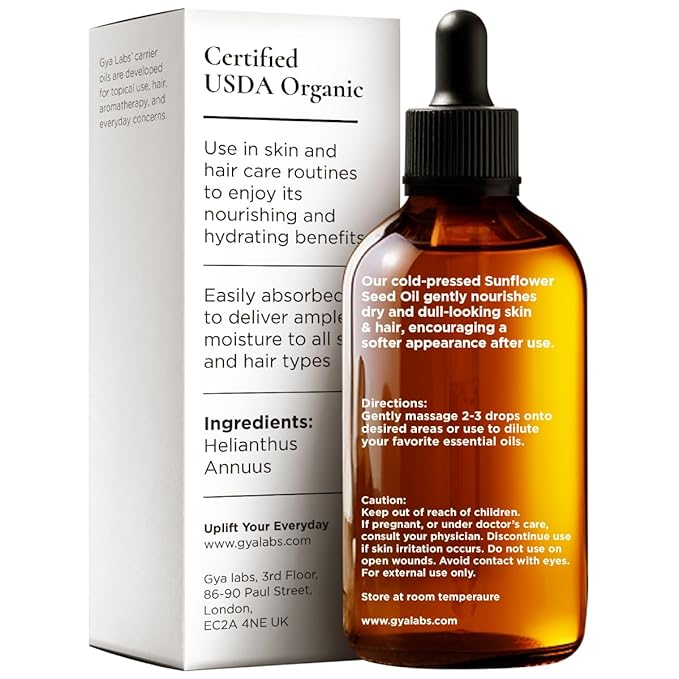 Gya Labs USDA Organic Sunflower Oil - 3.4 Fl Oz - Carrier Oil for Hair, Skin, Face, Scalp & Body Massage