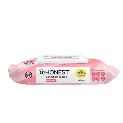 The Honest Company Grapefruit Grove Sanitizing Wipes, Kills 99.99% of Germs, Safe for All Hands, Antibacterial, Dermatologist Tested, 50 Count