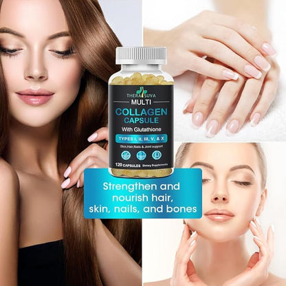 TheraSuva Complete Multi Collagen Complex – Types I, II, III, V & X + Biotin & Vitamin C – Hair, Skin, Nails & Joint Support, 2 Month Supply, 120 Softgels