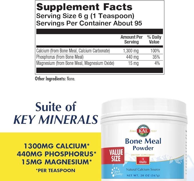 KAL Bone Meal Powder | Sterilized & Edible Supplement Rich in Calcium, Phosphorus, Magnesium | for Bones, Teeth, Nerves, Muscular Function (20oz)