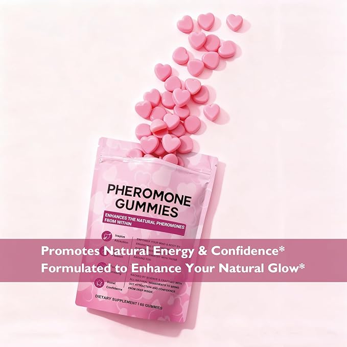Pheromone Gummies for Women with Slippery Elm – Enhance Confidence & Attraction – Hormone Balance & Body Odor Support, Non-GMO, Gluten-Free, Vegan, Strawberry Flavor, 60 Gummies