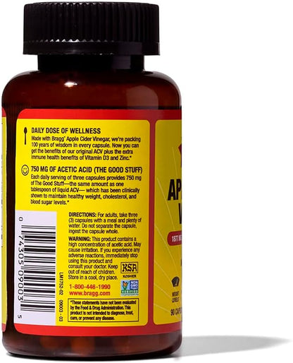Bragg Organic Apple Cider Vinegar Capsules with Vitamin D and Zinc - 90 Count - Supports Immune System